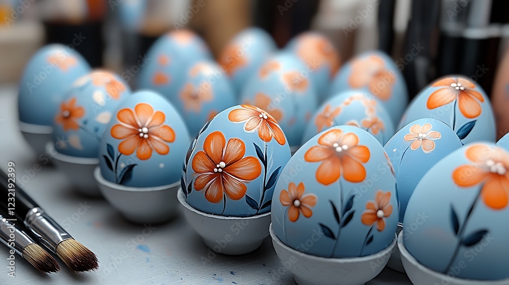 Wall mural A set of beautifully painted Easter eggs with floral patterns, sitting next to craft tools like paintbrushes and markers