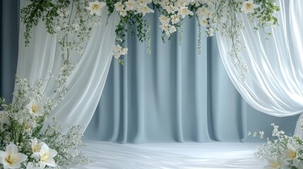 Misty Scandinavian Minimalist Space with Elegant Drapery and Floral Arrangements for Photography Background or Event Decoration