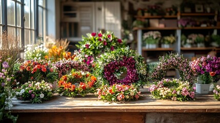 Fototapeta premium A set of colorful DIY Easter wreaths made from paper flowers, ribbons, and artificial grass, resting on a wooden table
