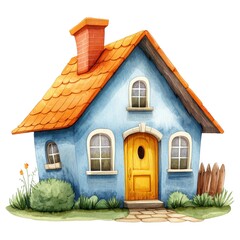 Charming Blue Cottage with Orange Roof and Yellow Door, Isolated on White Background Cutout