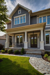 Stunning Gray House Exterior with Stone Porch and Landscaping. Beautiful Home Architecture and Design