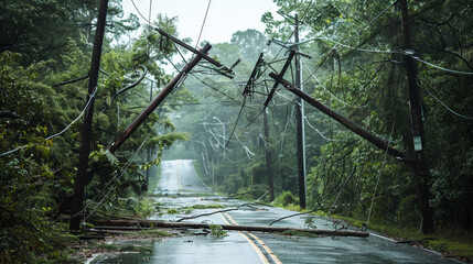 Broken power lines and fallen utility poles block a wet rural road after a storm. Damage from severe weather in a forested area.
