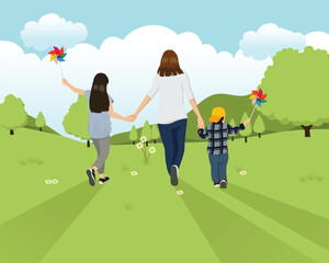 Beautiful vector for Kids, Children Day, Mother Day, Environment, Earth Day, Go Green nature Concept. mother walk with children boy and girl hold windmill toy to green landscape sunny day bright sky.