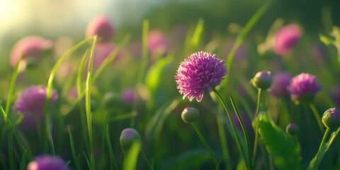 Obraz premium Pink Chive Flowers in a Field