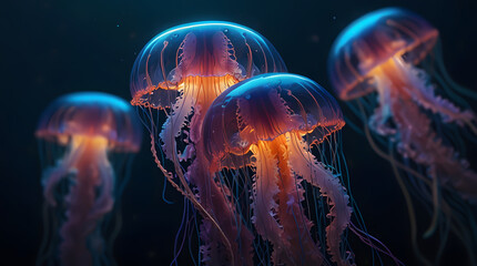 Fototapeta premium Mesmerizing Underwater World of Glowing Jellyfish Dancing in the Depths