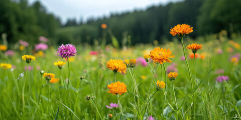 Wildflower Meadow with Orange Calendula and Assorted Blooms
