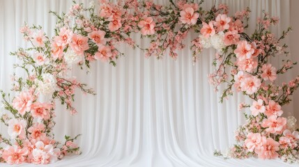 Fototapeta premium Elegant Floral Backdrop for Wedding Ceremony with Soft Pink Flowers and Sheer Drapes, Perfect Aesthetic for Romantic Events and Celebrations