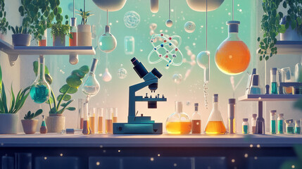 Naklejka premium Science doodle concept, chemist or biologist scientist holding beaker with reagent in laboratory with microscope, molecule formulas, dna, microorganism cells and flasks, Linear vector illustration