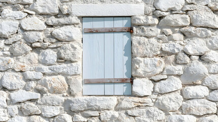 Light blue shutters on a white stone wall