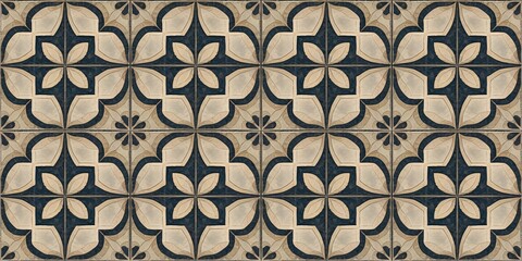 Patterned Tile Surface with Floral Geometric Design. Seamless pattern of decorative tiles featuring a floral and geometric design. The tiles have a vintage or retro aesthetic.