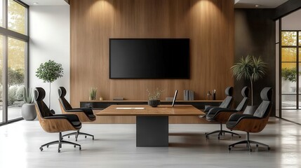 Modern Interior of a Bright Meeting Room with Black and White Design, Elegant Furniture, Large Windows, and Natural Light