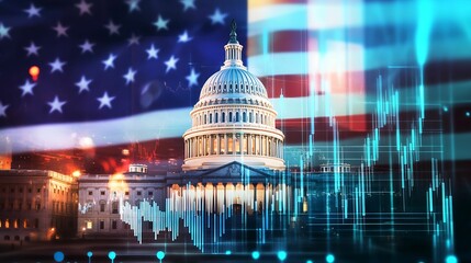 financial data, government building. A digital representation of the U.S. Capitol building layered with an American flag and financial data graphics, symbolizing government and economy.