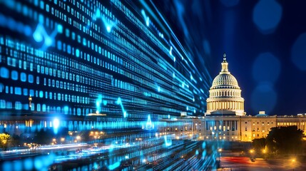 financial data, government building. A futuristic view of the Capitol building with blue data streams, symbolizing technology and governance at night.