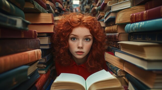 Young redheaded student reading thick hardcover book, surrounded by towering book stacks in vintage library setting - Powered by Adobe