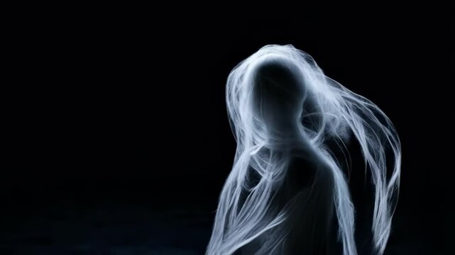 Ethereal and mysterious, a ghostly figure shrouded in flowing white fabric materializes against a dark backdrop, its form shifting and swirling as if caught in an otherworldly wind