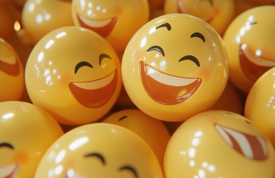 A group of yellow smiley face balls with different expressions, such as laughing and winking. The background is filled with more smiling emoji balls, creating an atmosphere full of joy and laughter.