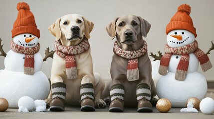 Obraz premium Two playful dogs sit beside cheerful snowmen in winter attire during a snowy day. Generative AI
