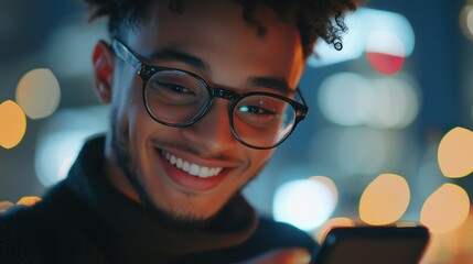 Smiling young man using smartphone with city lights in background