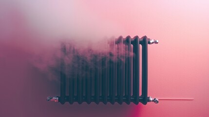Fototapeta premium A modern black radiator on a pastel wall, warm steam subtly visible, digital art, clean lines, futuristic vibe, cozy atmosphere