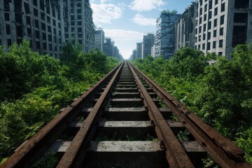 Obraz premium Abandoned railway tracks lead through overgrown urban landscape.