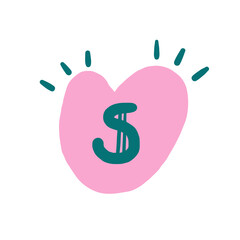 Money, finance, payment sign, icon, composition. Cute hand drawn doodle market, earning, deposit, currency, payment illustration with money heart. Financial business background