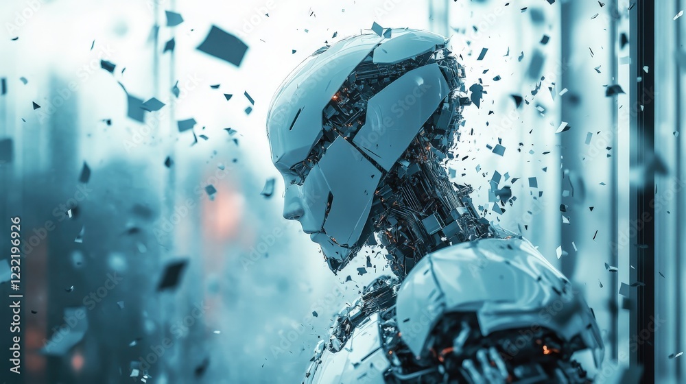 Poster Futuristic Robot Head Shattering in High-Tech Environment Display