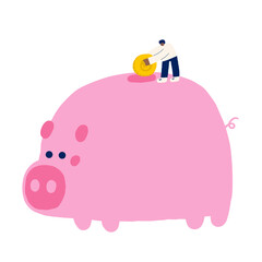 Money, finance, payment sign, icon, composition. Cute hand drawn doodle market, earning, deposit, currency, payment illustration with piggy bank, coin, man. Financial business background