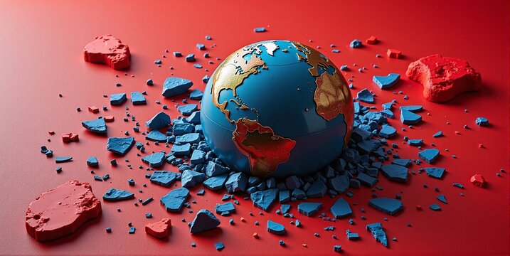 A freestanding globe, shattered and broken, stands alone. Earth's fragmented pieces reveal a world in disarray, symbolizing global crisis