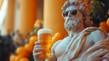 Stone sculpture donning sunglasses, gripping beer glass beside vivid citrus tree, merging artistic whimsy with cultural fusion