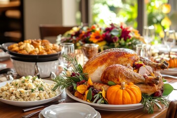 A Delicious Thanksgiving Feast Is Laid Out On A Table, Featuring A Golden-Brown Roasted Turkey Surrounded By Autumnal Decorations, Mashed Potatoes, And Other Side Dishes.