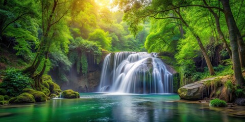 Obraz premium Gentle waterfall flows serenely through a lush green forest, surrounded by tall trees and vibrant foliage, peaceful