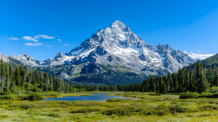 Majestic snow-capped peak, serene lake, evergreen forest, sunny day; travel poster