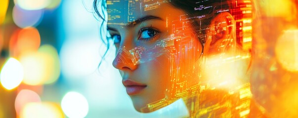 Female professional blending with digital network, circuit patterns symbolizing technological convergence and human-machine interface integration