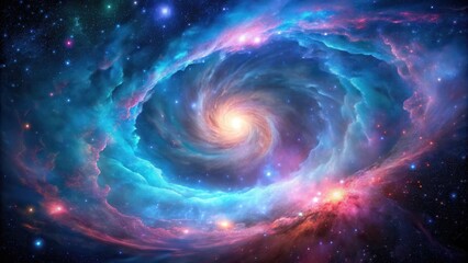 A swirling, vibrant nebula with soft pastel hues of blue and pink, set against a dark starry night sky