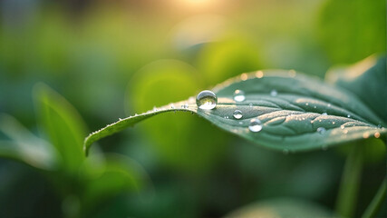 Macro shot of dewdrop on green leaf in early morning garden with soft natural light, symbolizing freshness and new beginnings.