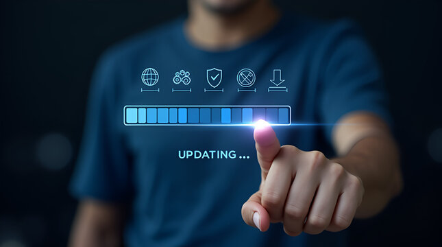 Software update or operating system upgrade, Updating progress bar on computer screen Update software application and hardware upgrade technology concept
