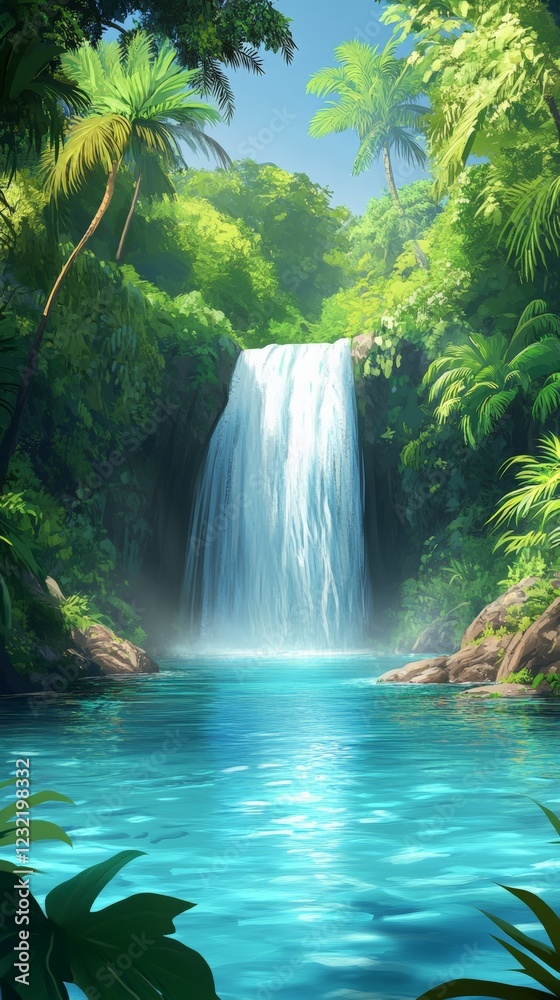 Poster sunlight filters through the dense canopy of a tropical jungle, illuminating a breathtaking waterfal
