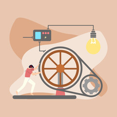 A modern, minimalistic illustration depicting a person generating electricity by manually turning a large wheel. The concept symbolizes renewable energy, human effort, and sustainability.
