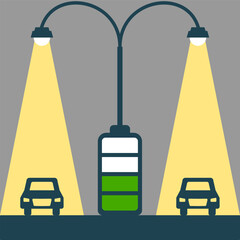 A creative vector illustration showcasing energy-efficient streetlights powered by renewable energy. The battery icon represents stored energy, highlighting sustainability and smart city solutions.