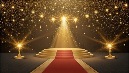 Glorious Stage with Red Carpet and Golden Lights Creating a Glamorous Atmosphere for Award Ceremonies or Celebratory Events with Sparkling Stars