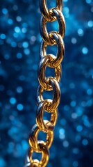 Obraz premium Polished golden chain suspended against soft blue bokeh, symbolizing elegance, unity, and resilience