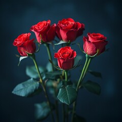 bouquet of  red roses on dark blue background