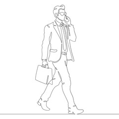 Continuous one line drawing  businessman talking on smartphone. Man with phone. Young man in business suit. One continuous line isolated minimal illustration.Not AI.
