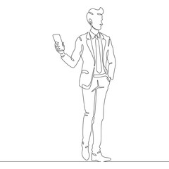 Continuous one line drawing  businessman talking on smartphone. Man with phone. Young man in business suit. One continuous line isolated minimal illustration.Not AI.