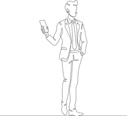 Continuous one line drawing  businessman talking on smartphone. Man with phone. Young man in business suit. One continuous line isolated minimal illustration.Not AI.
