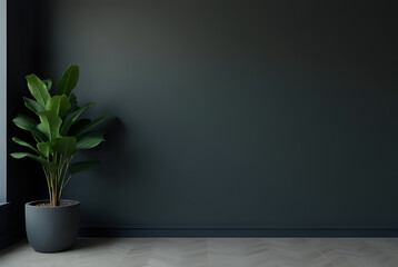 Minimalist Interior Design with Dark Gray Wall and Green Potted Plant