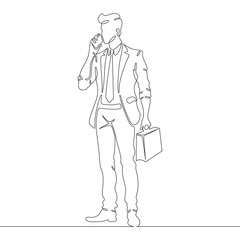 Continuous one line drawing  businessman talking on smartphone. Man with phone. Young man in business suit. One continuous line isolated minimal illustration.Not AI.