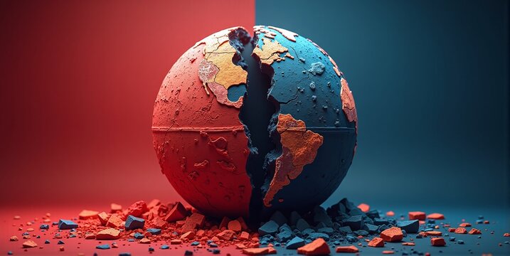 A freestanding globe, shattered and broken, stands alone. Earth's fragmented pieces reveal a world in disarray, symbolizing global crisis