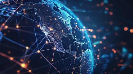 Digital globe with connected trade routes, global network, world trade. 