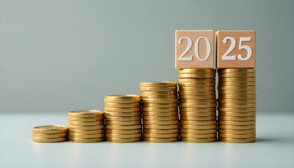 Stacks of golden coins arranged in ascending order on a smooth surface, with wooden blocks on top displaying '2025' in white numerals, against a clean, neutral gray background with no shadows.